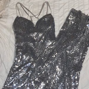 Silver Sequin Prom Dress With Slit